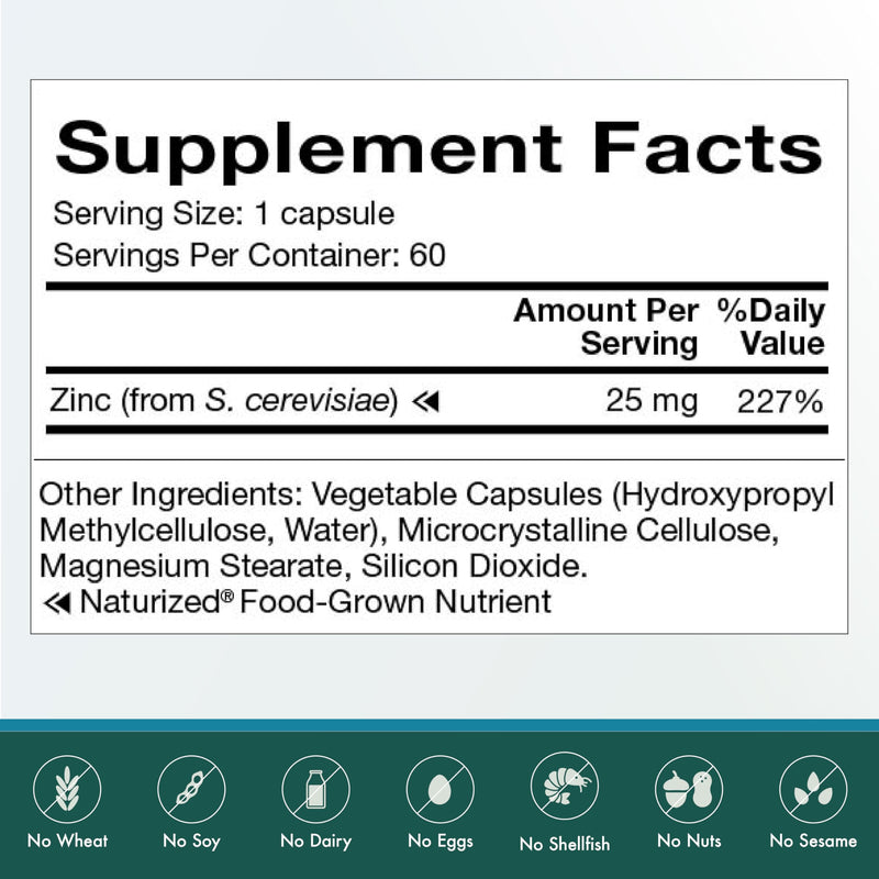 Natura Health Products Zinc 25 mg Food-Grown Bioavailable Supplement 60ct | Naturized whole food mineral supports cellular metabolism, healthy immune response and antioxidant activity, gentle*