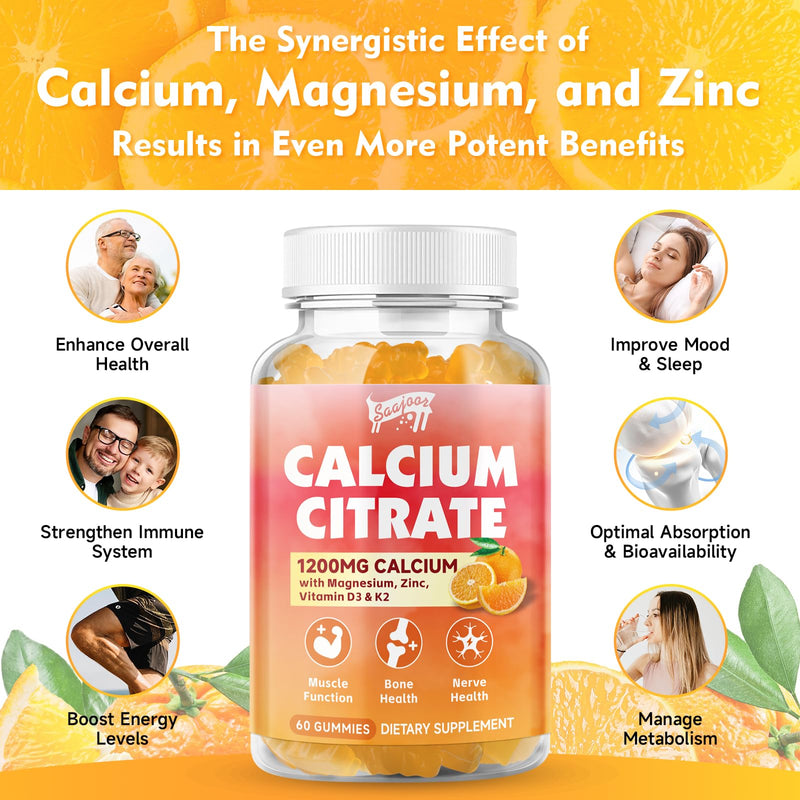 Calcium Citrate Gummies 1200 mg with Vitamin D3, K2, Magnesium, Zinc, Bone Support for Bones, Muscles & Joints,Immunity & Memory Support, 60 Count 1 Pack