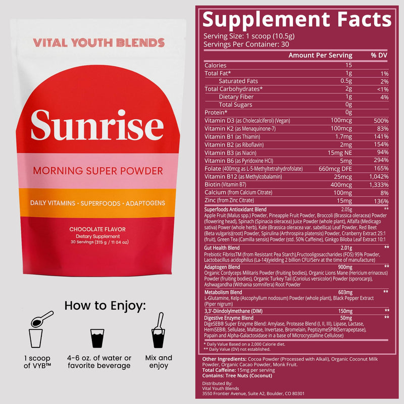 VYB All-in-One Super Powder with Vitamins, Superfoods, Probiotics, Functional Mushrooms, & DIM for Gut Health, Energy, Mood, Hormone Support & Wellness -Chocolate Flavor - 30 Servings