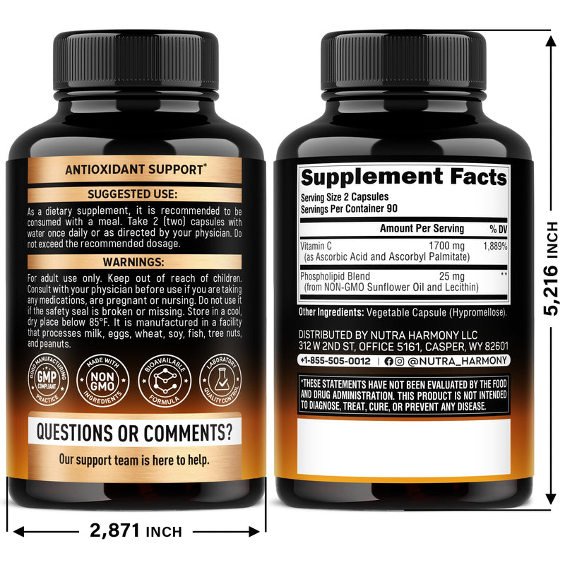 Liposomal Vitamin C 1700mg - High Absorption Vitamin C Supplement - 180Caps | Fat Soluble Complex - Antioxidant, Energy Boost & Immune Support for Men & Women - NON-GMO, SOY-Free & Gentle on Stomach