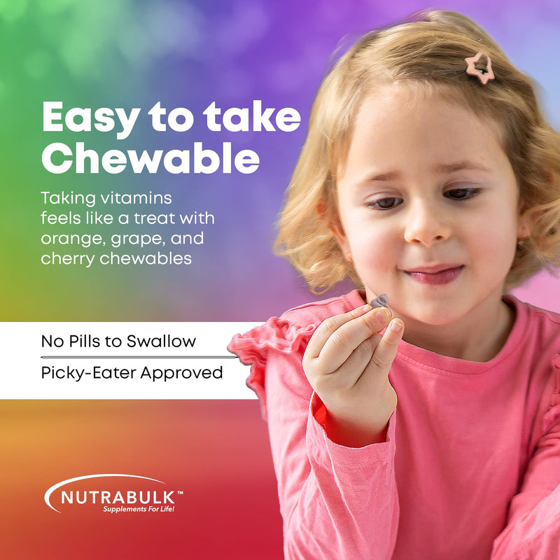 NutraBulk Children’s Chewable Multi-Vitamins - Promoting Kids' Overall Development - USA-Made, May Help to Support Immune, Bone, Brain & Overall Well Being- Vegan & Gluten Free - 120 Cherry Tablets | Fun Animal Shapes & Fruity Flavors, No Artificial Dy...