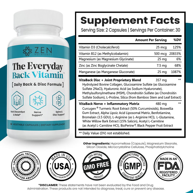 Zen Nutrients The Everyday Back Vitamin for Lower Back Relief & Nerve Function Support Supplement - Back, Disc and Nerve Relief with Alpha Lipoic Acid, Turmeric & Glucosamine (60 Capsules)