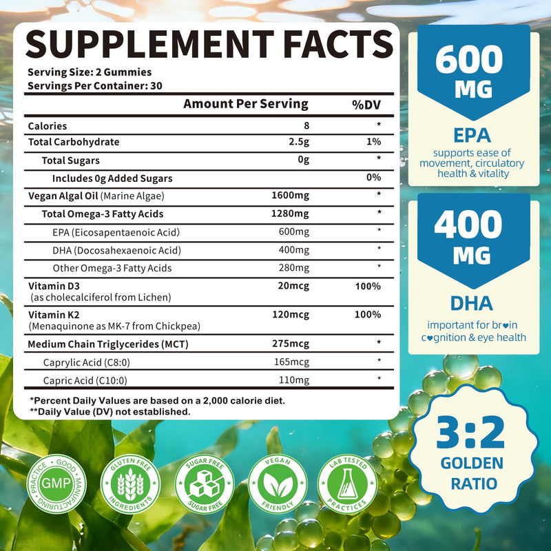 Vegan Omega-3 Gummies 1600mg EPA & DHA from Algal Oil, Fish Oil Alternative for Adults & Kids, Omega 3 Supplement with Vitamin D3 K2 for Brain, Eye & Immune Health Sugar Free Pineapple, 120 Count 60 Count (Pack of 2)