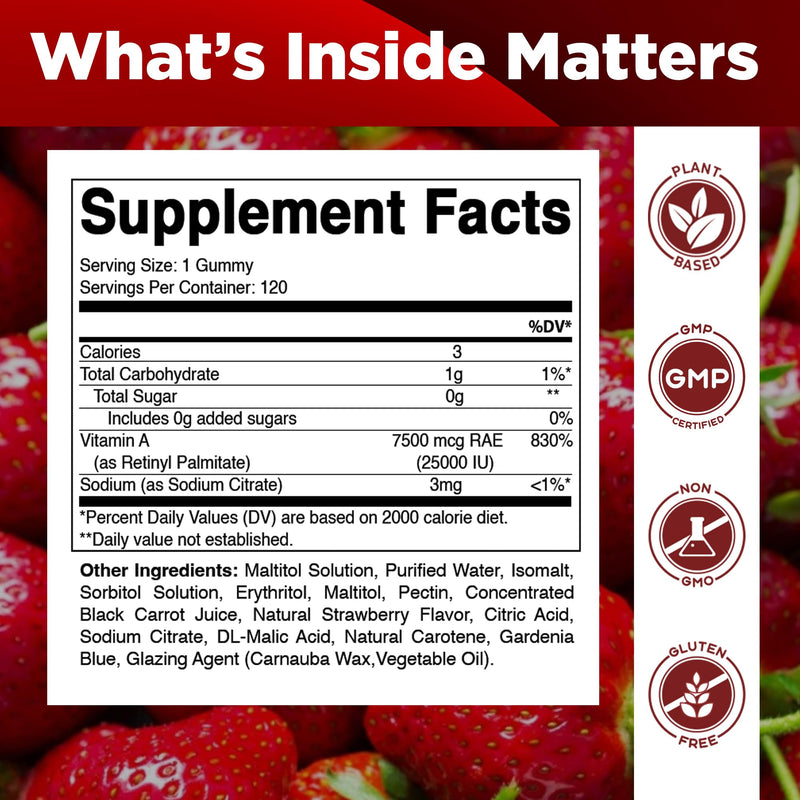 Vitamatic Sugar Free Vitamin A 25000 IU Gummies (Retinyl Palmitate) - Natural Strawberry Flavor - 120 Pectin Based Gummies (2 Bottles) | Sugar Free, High Potency Vitamin A Support, Natural Strawberry Flavor, Pectin Based, Non GMO, Gluten Free