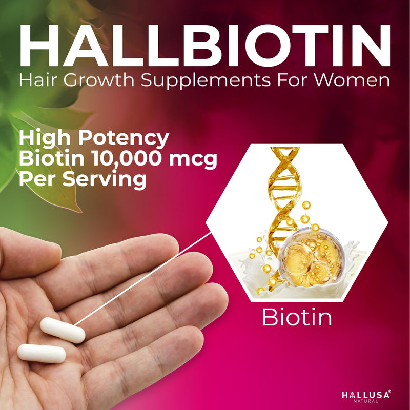 Hallusa Natural Biotin 10,000mcg, 60 Capsules, Healthy Hair, Skin & Nails - Pastillas para la caída del Cabello - Crecimiento del Cabello – Crecimiento de la Barba - Alopecia y calvicie