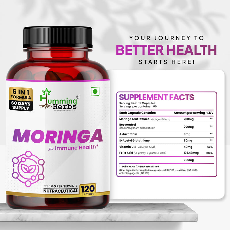 Humming Herbs Moringa Leaf Extract Complex with Resveratrol, Astaxanthin, Glutathione, Vitamin C & Folic Acid — 996 mg per Serving — 120 Vegetarian Capsules (60 Servings)