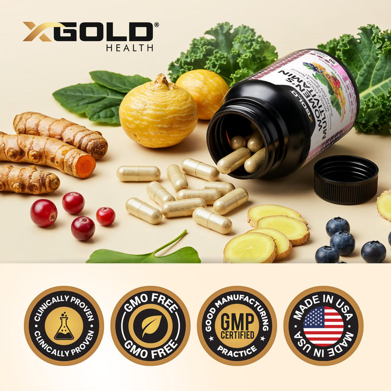 X Gold Health Vegan Women's Daily Multivitamin 50 Plus Organic WholeFood | Based Natural Ingredients, Ginger, Maca, Multi-Vitamin B Complex & More - Energy Support, Immune System Booster -90 Capsules
