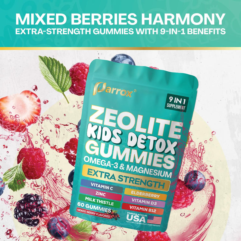 Zeolite Kids Detox Gummies, 9-in-1 Sugar-Free, Mixed Berry, 2 Pack | Extra Strength with Zeolite, Omega-3, Magnesium, Elderberry, Vitamin C, Milk Thistle, Vitamin D3, Zinc, B12 60 Count (Pack of 2)