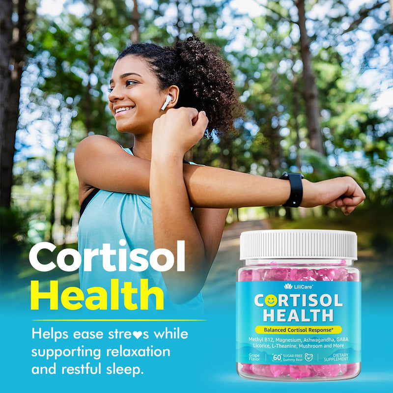 Cortisol Gummies for Women & Men, Sugar Free Cortisol Reducer Supplements w/ Magnesium, Ashwagandha, Mushroom, L-theanine, Rhodiola, Vitamin B6 B12 for Cortisol Detox, Relax, Sleep Support 2 Pack 60 Count (Pack of 2)