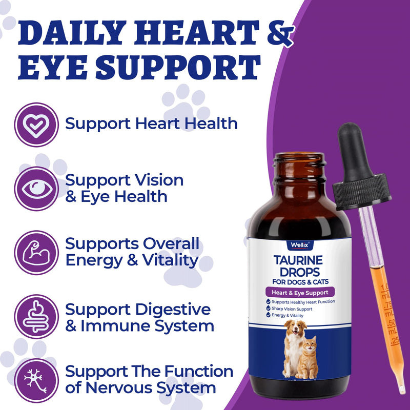 Wellix 4 oz (120 ML) Liquid Taurine Drops for Cats & Dogs, Cat & Dog Supplements & Vitamins for Heart & Vision & Immune Support, Large Bottle Taurine for Multi-Pet Households