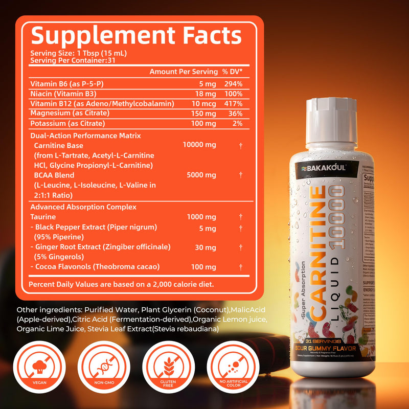 L Carnitine Supplement Liquid 3000, 3.3X Strength Formula 10,000, with BCAA and Enhanced Absorption Complex (Taurine, Black Pepper & Ginger Extracts) for Active Lifestyle Support, Sour Gummy Flavor - BeesActive Australia