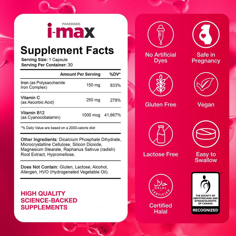 Pharmaris i-max 150 mg Elemental Iron Supplement, 30 Vegan Capsules | Polysaccharide Complex, Vitamin C 250 mg & B12 1000 mcg for Women & Men, Vegan, Gluten-Free, No Artificial Dyes, Once Daily 30 Count (Pack of 1)