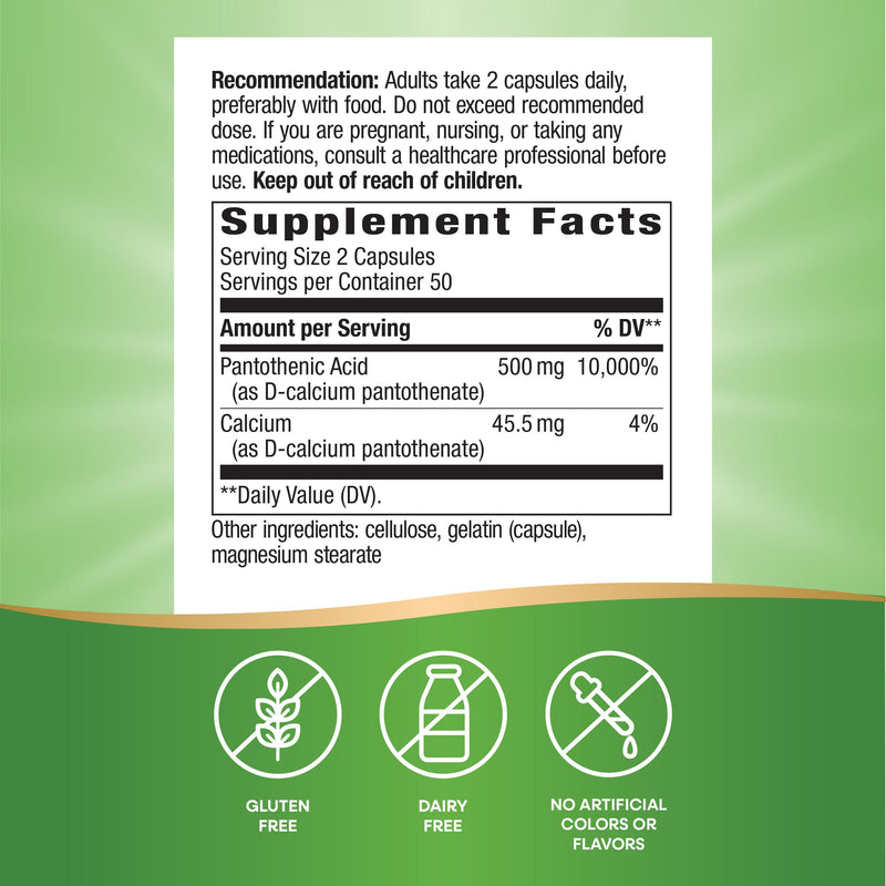 Nature's Way Pantothenic Acid Capsules, Supports Cellular Energy*, 100 ct | 500 mg per Serving, Vitamin B5, Helps Convert Food to Fuel*, Gluten-Free, Dietary Supplement Unflavored 100 Count (Pack of 1)