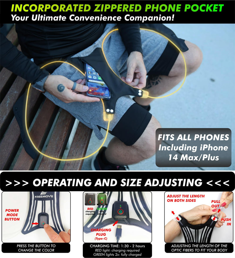 SPIDER Reflective Lighted Running Vest - Optic Fiber Technology, Bright, 360° Visible, Ultralight, Phone Pocket, Fully Adjustable Size XS-3XL - Reflective Running Gear for Safe Night Sports & Walking Standard size (XS-3XL)