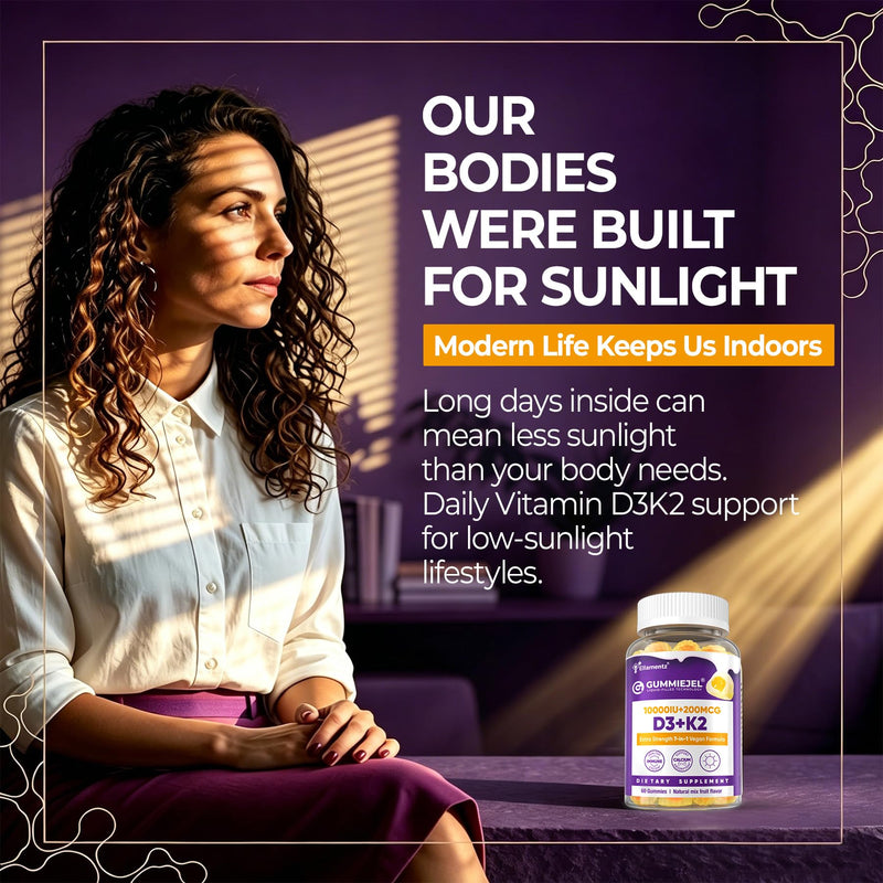 Vitamin D3 K2 Gummies for Women & Men, 10000 IU D3 Supplement | Vegan Vitamin D with Magnesium, Zinc, Calcium, Boron & Ginger Extract, Supports Energy, Immunity, Bone, Muscle Health
