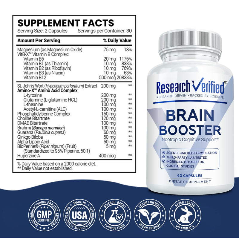Research Verified Brain Booster - Brain Supplement for Memory and Focus, Nootropic Supplement for Cognitive Support - 60 Vegan Capsules - 1 Month Supply | Brain Health Supplement, Nootropic, Brain Fog, Cognitive Support for Professionals, Students, Gam...
