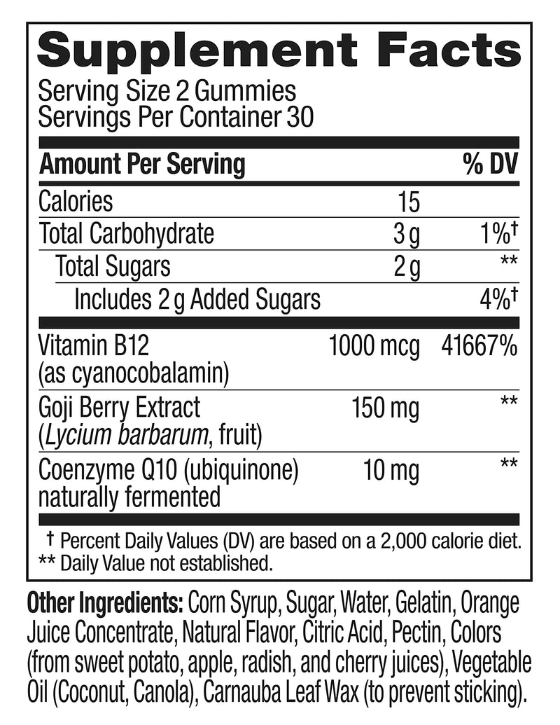 OLLY Extra Strength Daily Energy Gummy,Caffeine Free,1000mcg Vitamin B12,CoQ10,Goji Berry,Adult Chewable Supplement,Berry Yuzu Flavor -,60 Count (Pack of 2) 60 Count (Pack of 2)