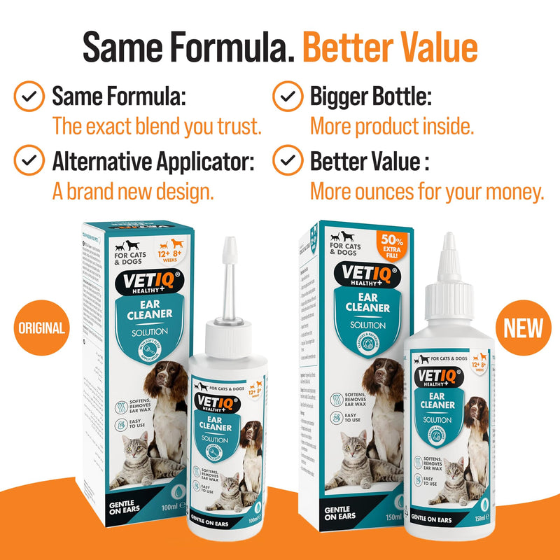 VETIQ Ear Cleaner for Dogs & Cats 150ml, Alcohol-Free Ear Cleaning Solution with Neem Oil & Malic Acid – Helps Remove Wax, Dirt & Odours –50% Extra Fill New screw open twist cap pack of 1