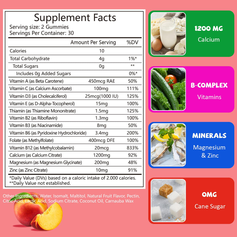 Calcium Gummies for Women 1200 mg, 60 Count | Calcium Chewables with Vitamin D3 Magnesium Zinc, Vegan, Sugar Free, Gluten Free