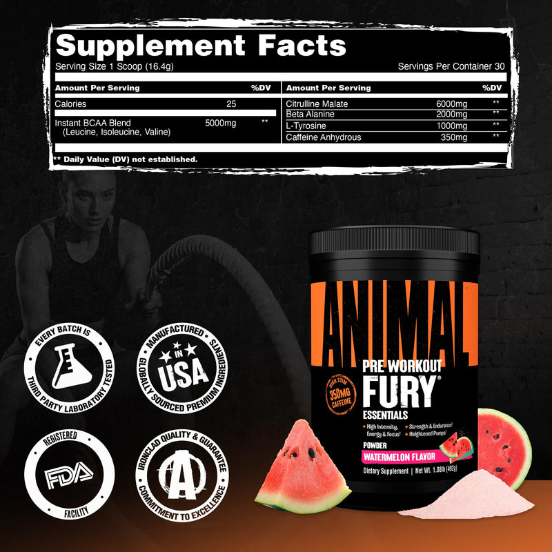 Animal Fury Pre Workout Powder Supplement for Energy and Focus 5g BCAA 350mg Caffeine Nitric Oxide Without Creatine Powerful Stimulant for Bodybuilders, Watermelon 30 Servings (Pack of 1)