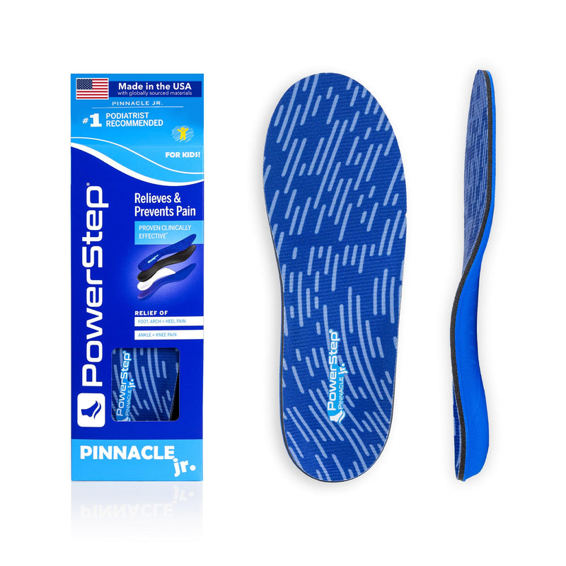 PowerStep Pinnacle Junior Insoles, Children’s Maximum Cushioning Shoe Insert, Relief for Ankle, Knee & Foot Pain, Arch Support for Girls and Boys, Kids Unisex, Made in the USA (Youth 4) Blue/White Youth 4