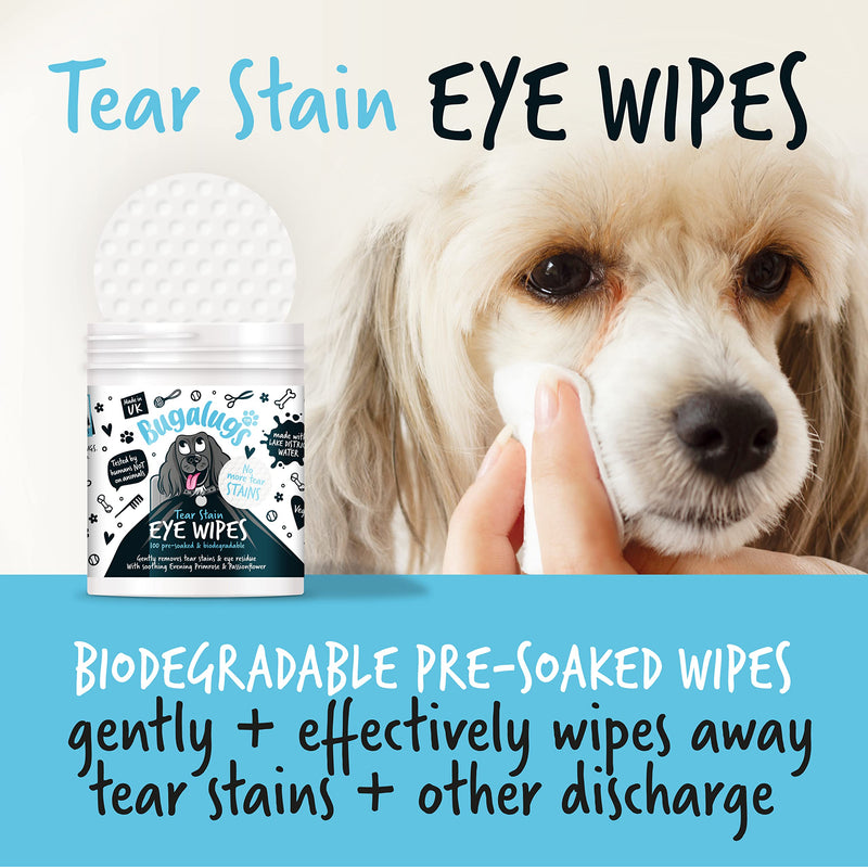 BUGALUGS Dog Eye Wipes 100 Biodegradable textured pre-soaked Dog Wipes. Safe & Easy Cleaning For Dogs - Pet Eye Wipes Remove Tear Stains, Dog Eye Crust & Eye Discharge