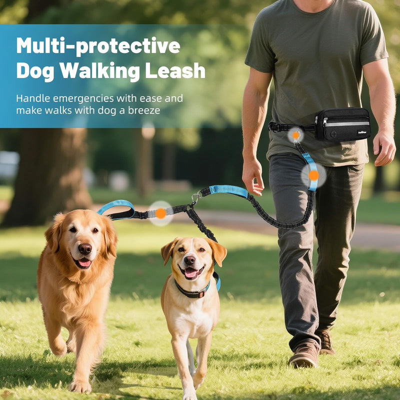 VavoPaw Hands Free Dog Leash for 2 Dogs with Pouch, Waist Leash for Dog Walking, Jogging, Hiking, Retractable Leashes with Dual Padded Handles, Adjustable Reflective Belt for Small, Medium, Large Dogs Black/Blue 2 Leashes - BeesActive Australia