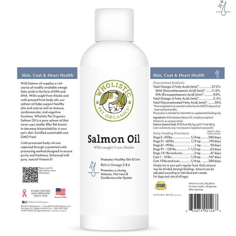 Wholistic Pet Organics Wild Alaskan Salmon Oil for Dogs and Cats - Omega 3 Fish Oil for Dogs & Cats - Cat & Dog Skin and Coat Supplement for Heart, Joints - DHA, EPA Omega 3 Liquid Food Topper - 8 oz