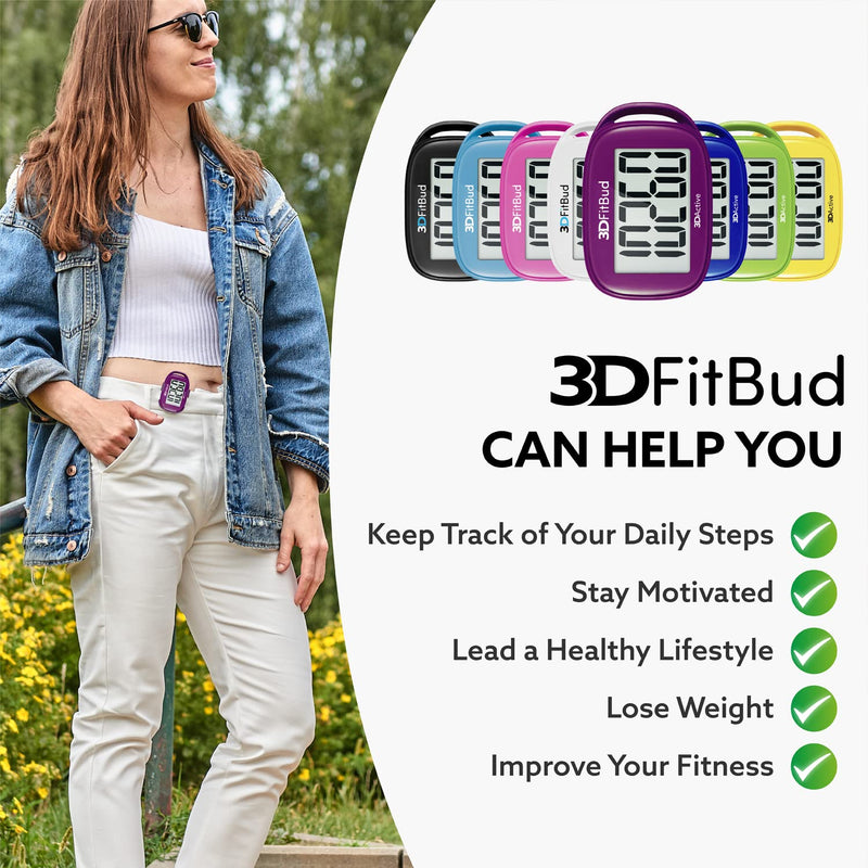 3DFitBud Simple Step Counter Walking 3D Pedometer by 3DActive with Clip, Lanyard Accurate Step Tracker Large Display, Easy to Use for Kids Men Women Adult Seniors Daily Step Tracking - A420S Plum - BeesActive Australia