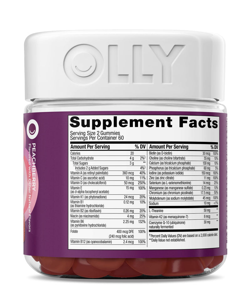 OLLY Women's 40+ Multi Gummies, 20 Key Nutrients Plus Vitamin K2, CoQ10, L-Theanine, Chewable Gummy Supplement, Peach Berry Flavored, 45 Day Supply - 120 Count
