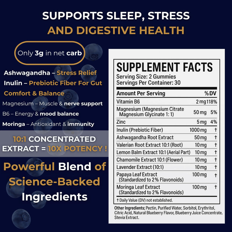 Gut Health & Bloating Relief Gummies – Digestion Support with Prebiotic Fiber, Inulin & Ashwagandha – Stress, Nervous Stomach, Sleep & Calm Support – Gut-Brain Axis Formula with Chamomile & Lemon Balm