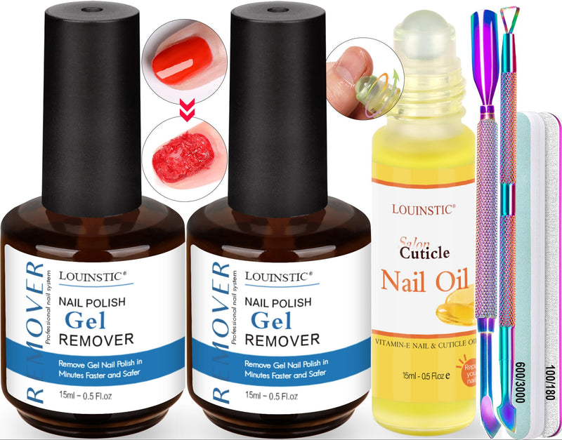 2PCs Gel Nail Polish Remover - 30ML,Fast & Easy, with Roller Cuticle Oil, No Need to Wrap and Soak, Remove Gel Polish in 2-5 Minutes at Home, No Damage to Nails, with Cuticle Pusher Tool,Nail File 2PCs Gel Remover & Cuticle Oil & Manicure Tools