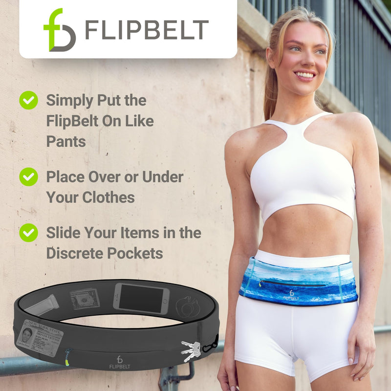 FlipBelt Zipper Running Belt, Waist Pack for Fitness and Running Fanny Pack for Women Men Phone Keys Money US Company - [Carbon] - [Medium]