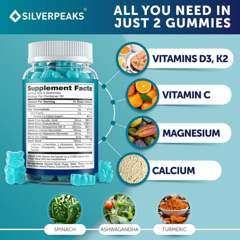 SILVERPEAKS Bone & Natural Growth Support Gummies for Kids & Teens - 60 pcs | Calcium, Zinc, Vitamins D3 & K2, C, Magnesium - Bone Strength & Joint Support for Boys & Girls - Wildberries Flavor Wildberry 60 Count (Pack of 1)