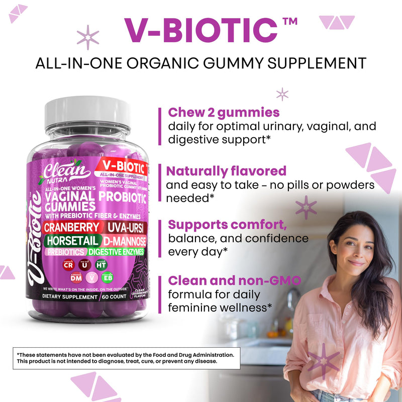 Clean Nutra Vbiotic Gummies, Cranberry, Horsetail, D-Mannose, UVA-Ursi, Probiotic Blend, Enzyme Blend, 60 Count (2) 2