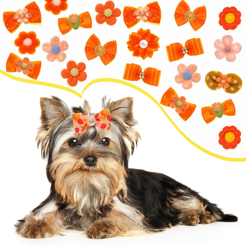 26 Pcs Orange Small Dog Hair Bows Cute Puppy Dog Bowknot Hair Bow Bulk with Rubber Bands Elastic Lace Rhinestone Pearls Hair Ties Mix Style Handmade Grooming Flower Topknot Ball Bows Accessories - BeesActive Australia