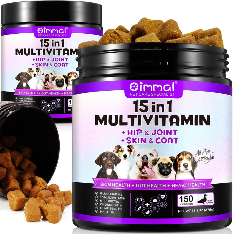 Uocasi Multivitamin Vitamins Supplements For Dogs,Pet Daily 15 in 1 Natural Essential Multi Vitamin Chew Tablets with B Complex | Help Brain,Heart & Joint Function - Duck Flavor(375g,150chews)