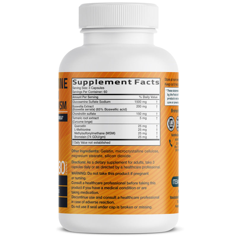 Bronson Glucosamine Chondroitin Turmeric & MSM Joint Support, 180 Capsules | Standardized Boswellia, Shellfish-Free Glucosamine, Mobility & Comfort Support, Non-GMO, Gluten-Free & Soy-Free 180 Count (Pack of 1)