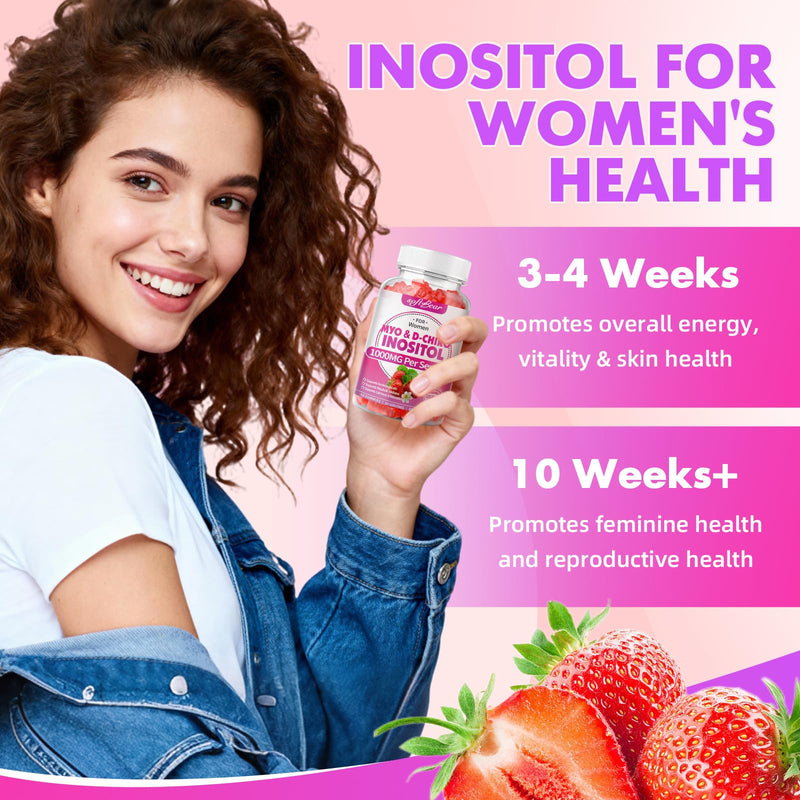 softbear Inositol Supplement for Women, Myo-Inositol & D-Chiro Inositol Gummies 1000mg with Vitamin D3 for POCS Support & Female Wellness, Sugar-Free/Veagn/GMO-Free, Strawberry Flavor, 60 Count 60 Count (Pack of 1)