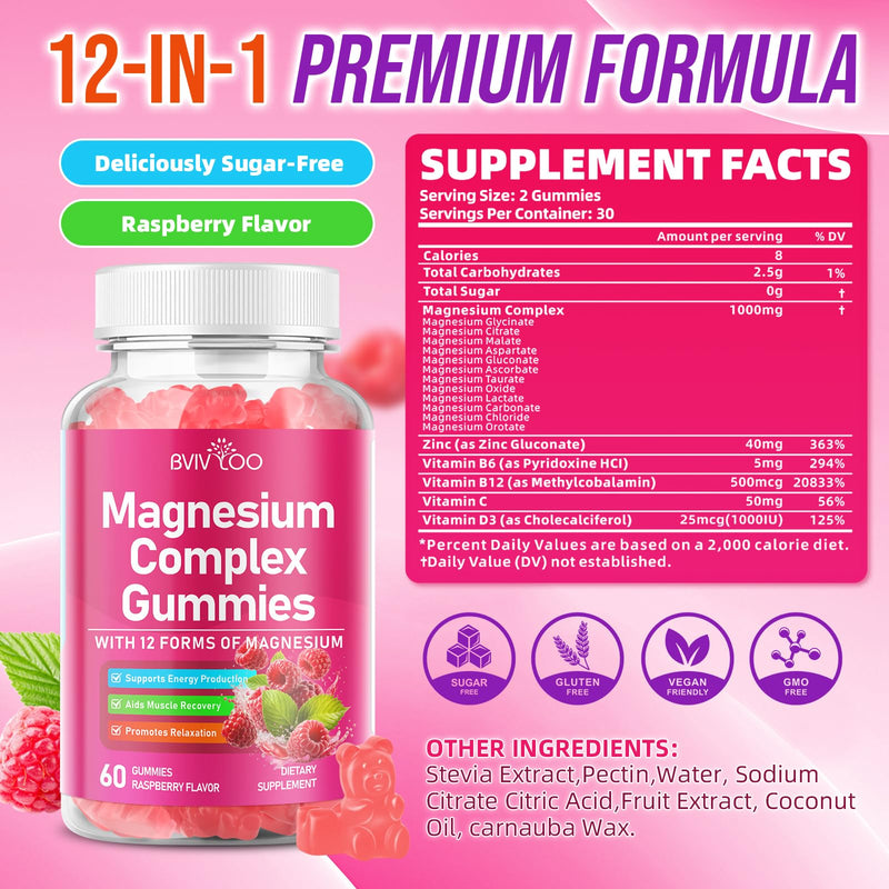 Magnesium Complex Gummies – with 12 Forms of Magnesium Plus Vitamins B6, B12 & C. Vegan Strawberry Gummies to Support Mood, for Adults, 60 Count