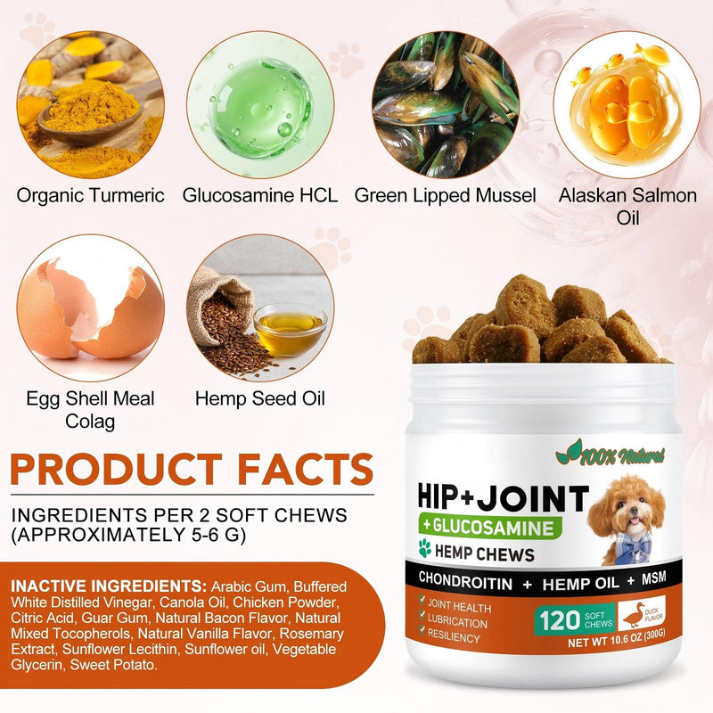 Joint Supplements For Dogs, Dog Joint Care Chews - 120 Pcs Tablets to Reduce Stiffness & Improve Mobility, with Glucosamine & Chondroitin, MSM, Lipid Mussels Joint Care Chews - Duck Flavoured