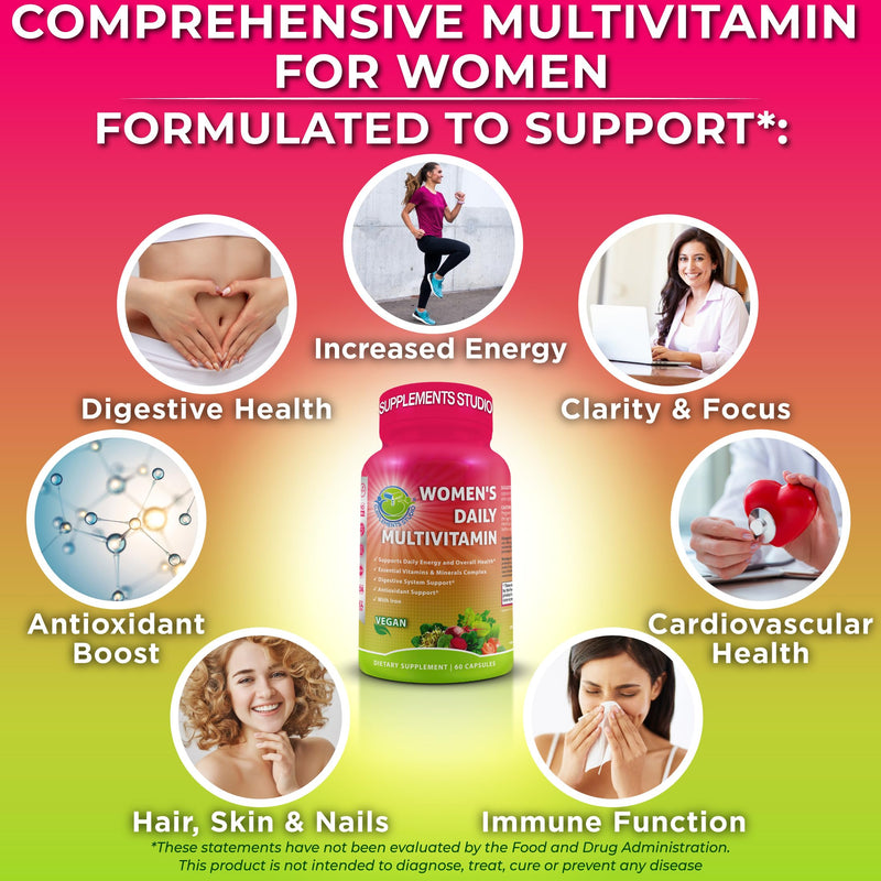 Vegan Methylated Multivitamin for Women - Biotin, Probiotics & Iron | Women's Daily Multivitamin with Iron - Energy Digestive & Optimal Health Support-Organic Superfoods, Easy-to-Swallow Capsules 60 Count (Pack of 1) Women's Multivitamin With Iron