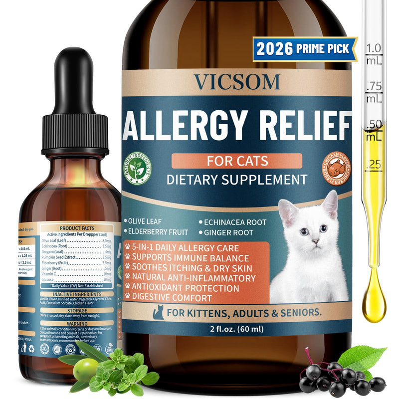 Cat Allergy Relief for Cats, Seasonal Skin Allergy Relief for Cats Itchy Skin, Paws, Eyes, Ears, Stop Licking & Scratching, Calms Dry Skin, Matted and Shedding Fur, Cat Immune Support, 60ml