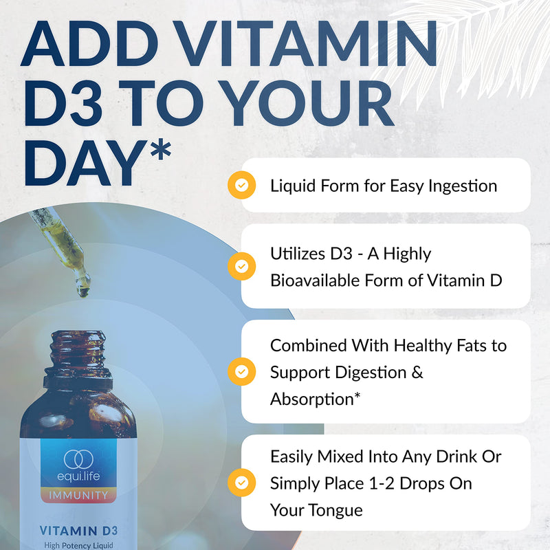 Equilife Vitamin D3: High Potency Liquid Drops, Non GMO, 0.40 fl oz | Easy Digestion & Absorption | Supports Immune Function | Promotes Bone & Overall Health | Allergen & Gluten Free | Non-GMO