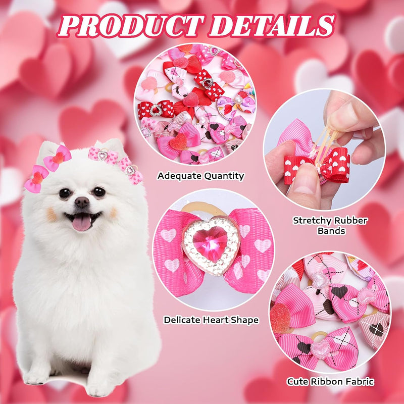 20 Pcs Valentine's Day Small Size Dog Hair Bows with Rubber Bands Puppy Hair Bows Grooming Accessories with Pearls Rhinestone Multicolor Small Pet Handmade Bowknot Pink Red Mixed Puppy Hair Bows - BeesActive Australia