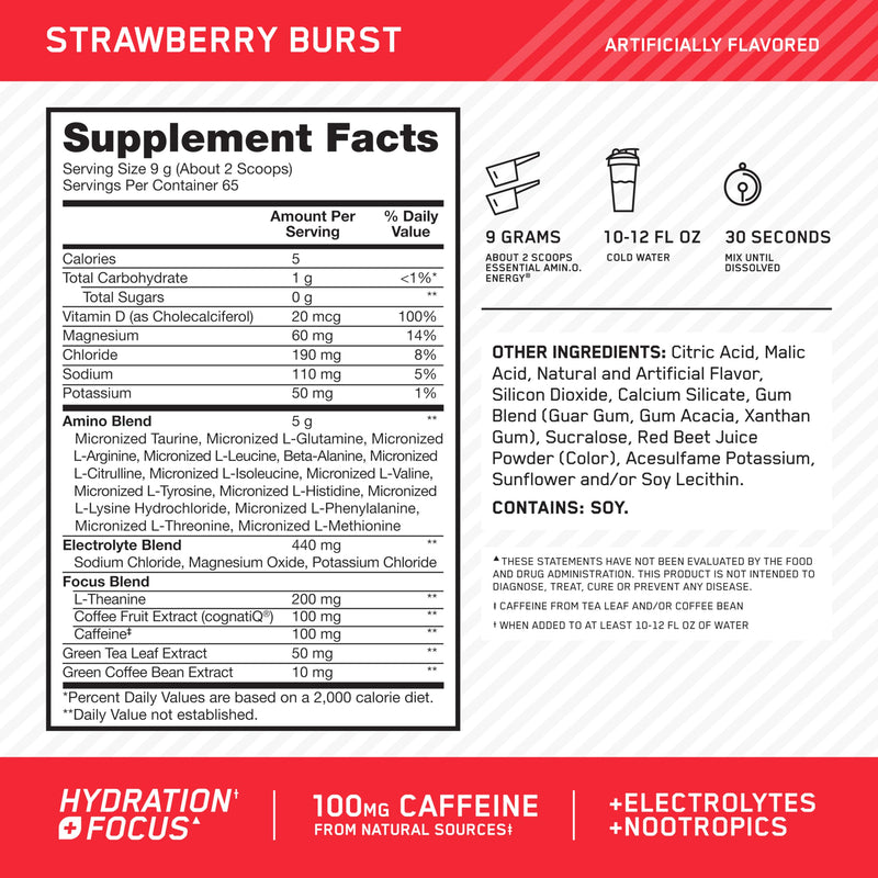 Optimum Nutrition Amino Energy Powder Plus Focus, with BCAA, Electrolytes, and Caffeine, Strawberry Burst, 65 Servings (Packaging May Vary) | Contains BCAAs, Electrolytes, 100 mg Caffeine, 5g Amino Acids, Zero Sugar, Supports Hydration, Banned Substanc...