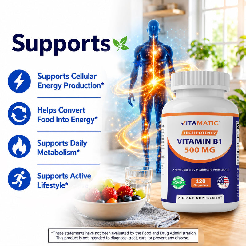 Vitamatic Vitamin B1 500 mg (Thiamine Mononitrate), 120 Capsules (2 Pack) | High Potency B1, Supports Nervous System Health and Energy Metabolism*, NonGMO, Gluten Free, Made in USA 60 Count (Pack of 2)