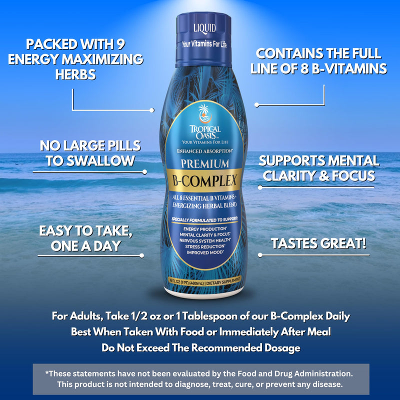 Tropical Oasis Premium Liquid B-Complex w/ Energy maximizing Herbs - Fast Absorbing Liquid B Complex Supplement w/ full line of 8 B-vitamins - 16 oz, 32 servings 16 Fl Oz (Pack of 1)