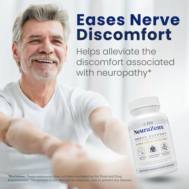 Zen Nutrients NeuraZenX Nerve Support & Peripheral Neuropathy Support Supplement with 1200mg Alpha Lipoic Acid (ALA), Benfotiamine, L-Carnitine, and Turmeric 120 Count (Pack of 1)