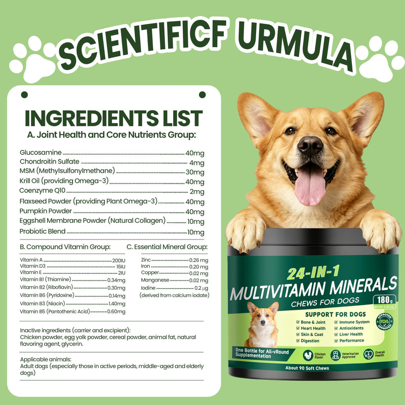 24-in-1 Dog Vitamins and Supplements, Dog Multivitamin Chewable with Chondroitin Probiotics Omega-3 Glucosamine for Dogs Skin Coat Hip and Joint Heart Gut Liver Brain Eye Immune Support, 90 Chews